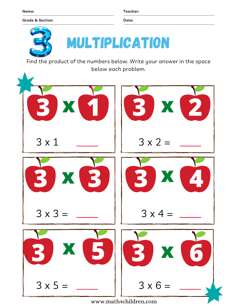 3 Times Tables Multiplication Worksheets